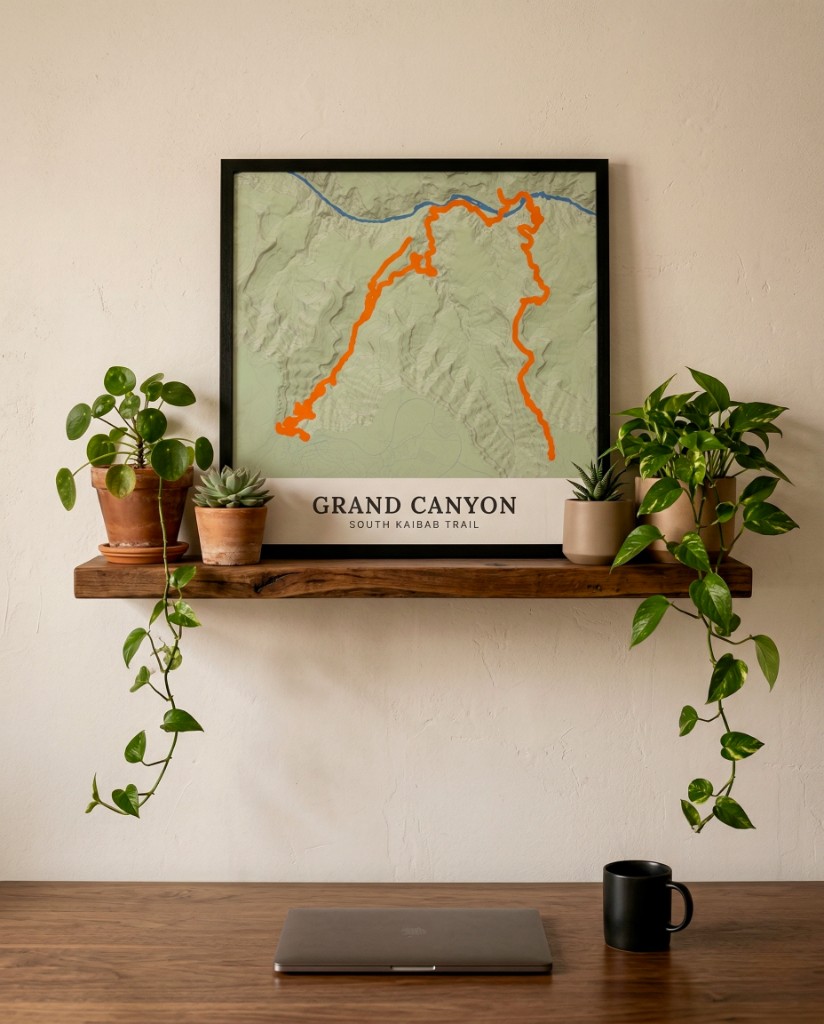 Framed Grand Canyon South Kaibab trail poster on a wooden shelf with trailing plants and a desk below