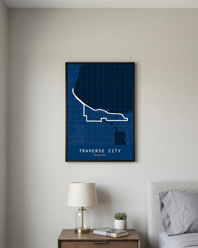 Framed Traverse City route poster above a nightstand with a lamp in a bedroom